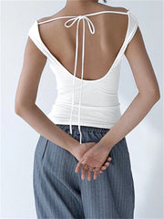 Solid Off Shoulder Backless Tie-Up Summer Casual Top Streetwear  T-shirts