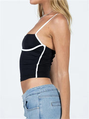 Sleeveless Spaghetti Strap Square Neck Contrast Color Slim Fit Basic Black Mini Vest  Crop Top