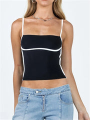Sleeveless Spaghetti Strap Square Neck Contrast Color Slim Fit Basic Black Mini Vest  Crop Top