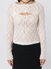 Sleeveless Strap Lace Mesh Round Neck See Through Mini Vest With Long Sleeve Tie-up Shrugs  Crop Top