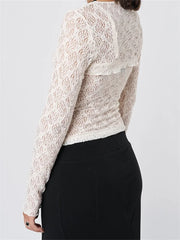 Sleeveless Strap Lace Mesh Round Neck See Through Mini Vest With Long Sleeve Tie-up Shrugs  Crop Top