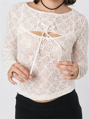Sleeveless Strap Lace Mesh Round Neck See Through Mini Vest With Long Sleeve Tie-up Shrugs  Crop Top