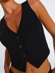 Sleeveless Vest Buttons Down Slim Fit Solid Color V-Neck Cropped Y2K Casual Irregular Hem Streetwear Crop Top