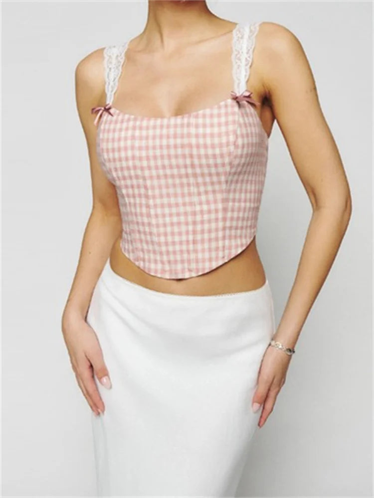 Slim Lace Strap Mini Vest Plaid/Floral Print Exposed Navel Cropped Summer Party Streetwear  Crop Top
