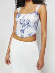 Slim Lace Strap Mini Vest Plaid/Floral Print Exposed Navel Cropped Summer Party Streetwear  Crop Top