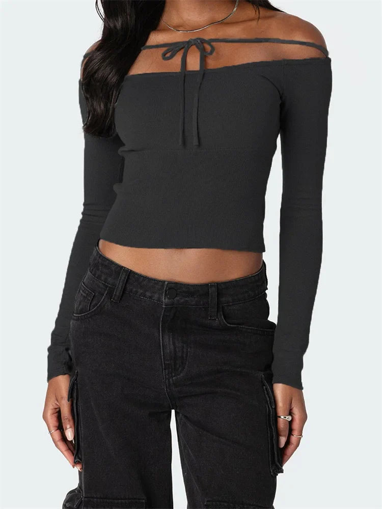 Solid Color Short Tie-Up Off Shoulder Spring Fall Streetwear T-shirts