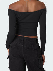 Solid Color Short Tie-Up Off Shoulder Spring Fall Streetwear T-shirts