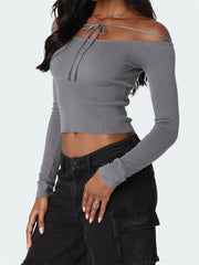 Solid Color Short Tie-Up Off Shoulder Spring Fall Streetwear T-shirts