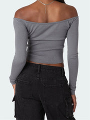 Solid Color Short Tie-Up Off Shoulder Spring Fall Streetwear T-shirts