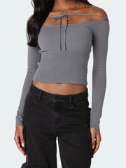 Solid Color Short Tie-Up Off Shoulder Spring Fall Streetwear T-shirts