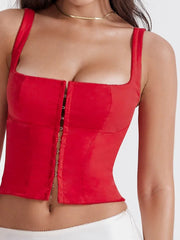 Solid Color Fashion Sleeveless Square Neck Front Buttons Up Summer Mini Vest  New Crop Top