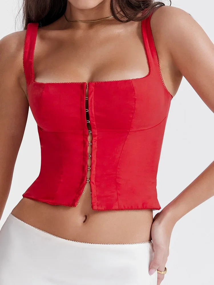 Solid Color Fashion Sleeveless Square Neck Front Buttons Up Summer Mini Vest  New Crop Top