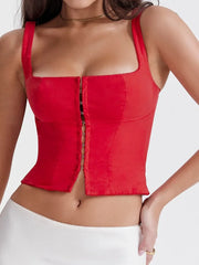 Solid Color Fashion Sleeveless Square Neck Front Buttons Up Summer Mini Vest  New Crop Top