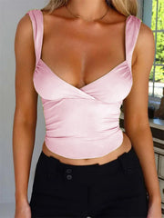 Solid Ruched Camisoles Deep V-neck Sleeveless Tie-Up Backless Summer Party Mini Vest Streetwear  Crop Top