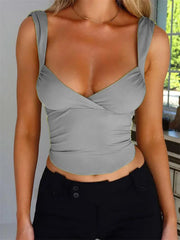 Solid Ruched Camisoles Deep V-neck Sleeveless Tie-Up Backless Summer Party Mini Vest Streetwear  Crop Top