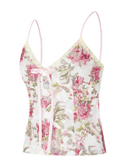 Spaghetti Strap Top Floral Print V-neck Front Split Tie-Up Sleeveless Summer Slim Fit Mini Vest  Crop Top
