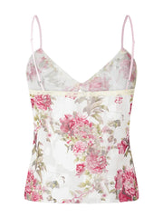 Spaghetti Strap Top Floral Print V-neck Front Split Tie-Up Sleeveless Summer Slim Fit Mini Vest  Crop Top