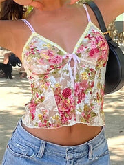 Spaghetti Strap Top Floral Print V-neck Front Split Tie-Up Sleeveless Summer Slim Fit Mini Vest  Crop Top