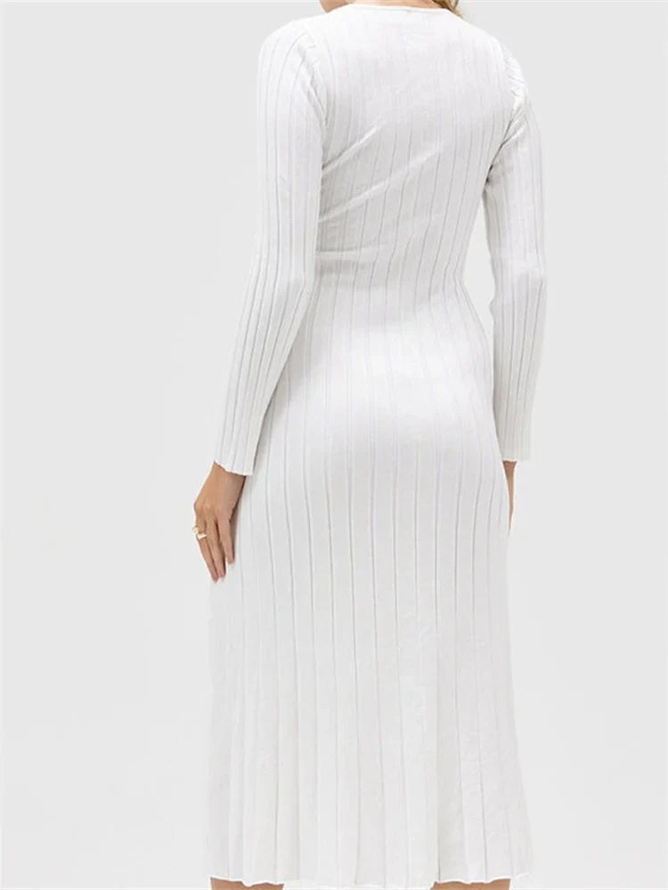 Spring Autumn Knitted Ribbed Long Sleeve Hollow Out Slim Midi Dress