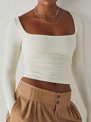 Square Neck Slim Fit Casual Female Basic T-shirts