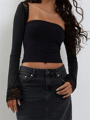 Strapless Off Shoulder Black Tube Cropped Summer Party Clubwear with Long Sleeve Lace See Through T-shirts Crop Top