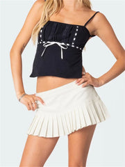 Summer Backless Spaghetti Strap Sleeveless Square Neck Lace Trim Mini Vest Streetwear  Crop Top