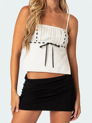 Summer Backless Spaghetti Strap Sleeveless Square Neck Lace Trim Mini Vest Streetwear  Crop Top