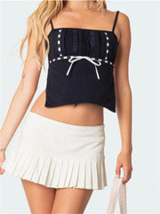 Summer Backless Spaghetti Strap Sleeveless Square Neck Lace Trim Mini Vest Streetwear  Crop Top