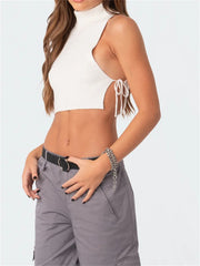 Summer Knitted Slim Vest Solid Ribbed Sleeveless High Neck Side Tie-Up Exposed Navel Streetwear Crop Top