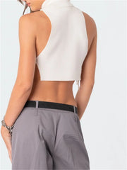 Summer Knitted Slim Vest Solid Ribbed Sleeveless High Neck Side Tie-Up Exposed Navel Streetwear Crop Top