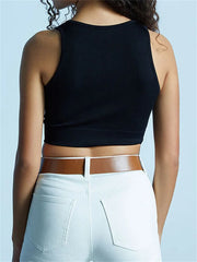 Summer Ribbed  Casual Solid Color V-neck Sleeveless Slim Fit Mini Vest Streetwear Club  Crop Top