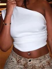 Summer Slim Fit Side Ruched White Sleeveless Off Shoulder Short Mini Vest Party Street Clubwear  Crop Top
