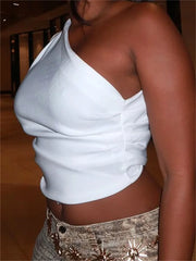 Summer Slim Fit Side Ruched White Sleeveless Off Shoulder Short Mini Vest Party Street Clubwear  Crop Top