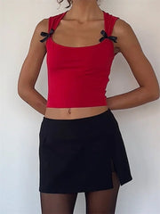 Bowknot Patchwork Sleeveless Low Cut Mini Vest Summer Fashion Slim Fit Cropped Streetwear Crop Top