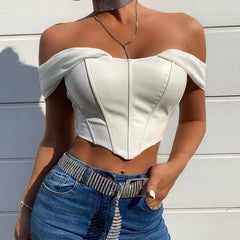 CHRONSTYLE  Tube Top Cropped Vest Sleeveless PU Leather Back Zipper Exposed Navel Mesh Yarn Sleeve Suspender Tank Crop Top