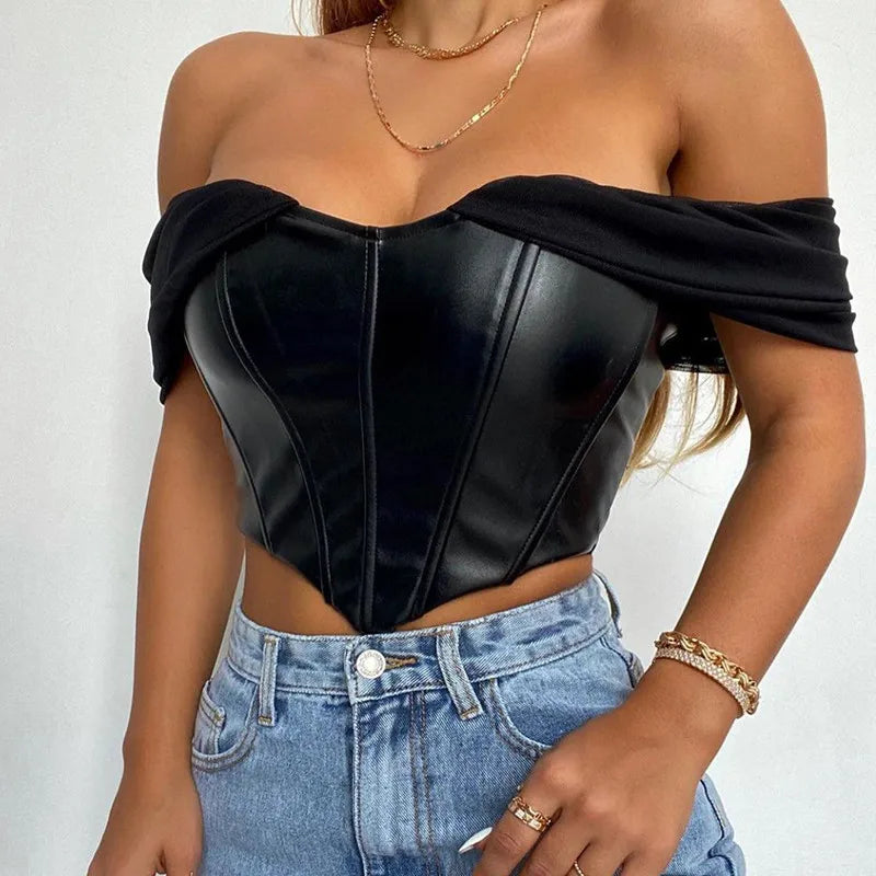 CHRONSTYLE  Tube Top Cropped Vest Sleeveless PU Leather Back Zipper Exposed Navel Mesh Yarn Sleeve Suspender Tank Crop Top