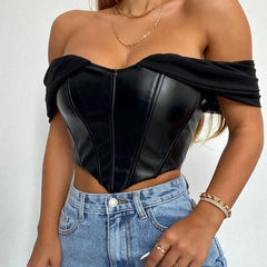 CHRONSTYLE  Tube Top Cropped Vest Sleeveless PU Leather Back Zipper Exposed Navel Mesh Yarn Sleeve Suspender Tank Crop Top