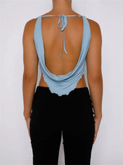 Vintage Low Cut Ruched Sleeveless Strap Slim Fit Backless Lace-up Y2K Streetwear  New Crop Top