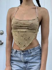 Y2K Backless Floral Retro Halter Tie Up Off Shoulder Summer Cute Mini Vest Streetwear  Crop Top