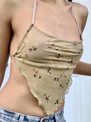 Y2K Backless Floral Retro Halter Tie Up Off Shoulder Summer Cute Mini Vest Streetwear  Crop Top