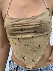 Y2K Backless Floral Retro Halter Tie Up Off Shoulder Summer Cute Mini Vest Streetwear  Crop Top