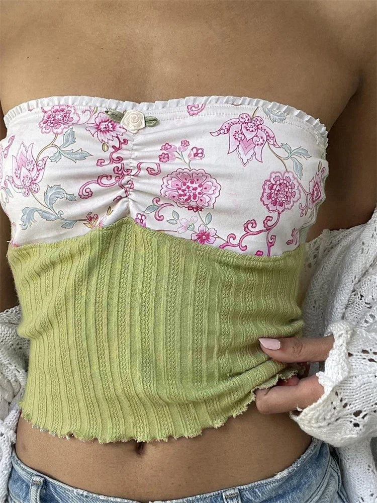 Y2K Strapless Tube Fairy Grunge Summer Knitted Floral Print Patchwork Vest Streetwear  Crop Top