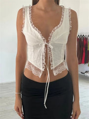 Y2K Sleeveless Spaghetti Strap Top Lace Patchwork Front Tie-up Summer Mini Vest Streetwear  Crop Top