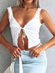 Y2K V-neck Lace Patchwork Retro Vest Sleeveless Spaghetti Strap Lace-up Front Split  Crop Top