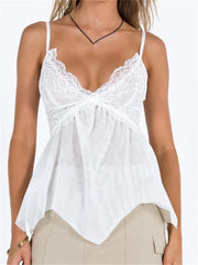 Y2K Retro Lace Sleeveless Strap for  V-neck Mesh See Through Patchwork Irregular Hem Vests Crop Top