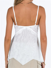 Y2K Retro Lace Sleeveless Strap for  V-neck Mesh See Through Patchwork Irregular Hem Vests Crop Top
