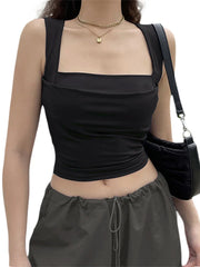 Y2K Summer Vest Square Neck Sleeveless Solid Slim Fit Cropped Black Vintage Clothes  Crop Top