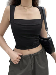 Y2K Summer Vest Square Neck Sleeveless Solid Slim Fit Cropped Black Vintage Clothes  Crop Top