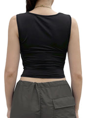 Y2K Summer Vest Square Neck Sleeveless Solid Slim Fit Cropped Black Vintage Clothes  Crop Top