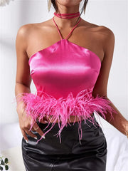 Y2K Vest Sleeveless Off Shoulder Halter Tie-up Backless Feather Patchwork Summer Tube Club Party Tank Crop Top